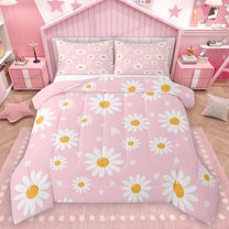 Homewish Girly Pink Cartoon Bedding Comforter Set, Groovy Daisy Floral Twin Comforter Sets, Teens Kids Girls Reversible Bedding Set, Lightweight Room Decor, 2pcs