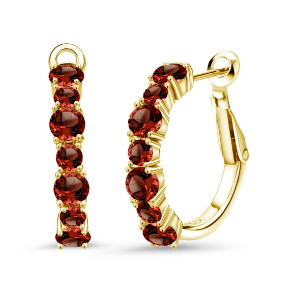Gem Stone King 18K Yellow Gold Plated Silver Red Garnet Hoop Earrings for Women (3.86 Cttw, Gemstone January Birthstone, Round 4MM and 3MM)
