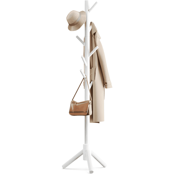 TickJOY Wood Coat Rack Stand – Adjustable Standing Coat Tree with 8 Hooks, White Coat Hanger Stand for Bedroom, Hallway, Entryway, or Office