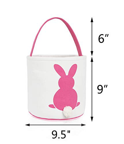 Wave Blue MONOBLANKS Easter Bunny Basket Bags for Kids Canvas Cotton Carrying Gift and Eggs Hunt Bag，Fluffy Tails Printed Rabbit Canvas Toys Bucket Tote 
