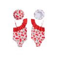 thumbnail image 2 of BemeyourBBs Toddler Baby Girls Swimsuit with Hat 2 Pcs Set Cherry Bow Strawberry Print Ruffled Trim Spaghetti Strap Sleeveless Swimwear, 2 of 9