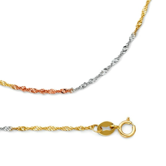 Solid 14k Yellow White Rose Gold Singapore Chain Necklace Twisted Link Tri Color Thin 1.2 mm 16 inch