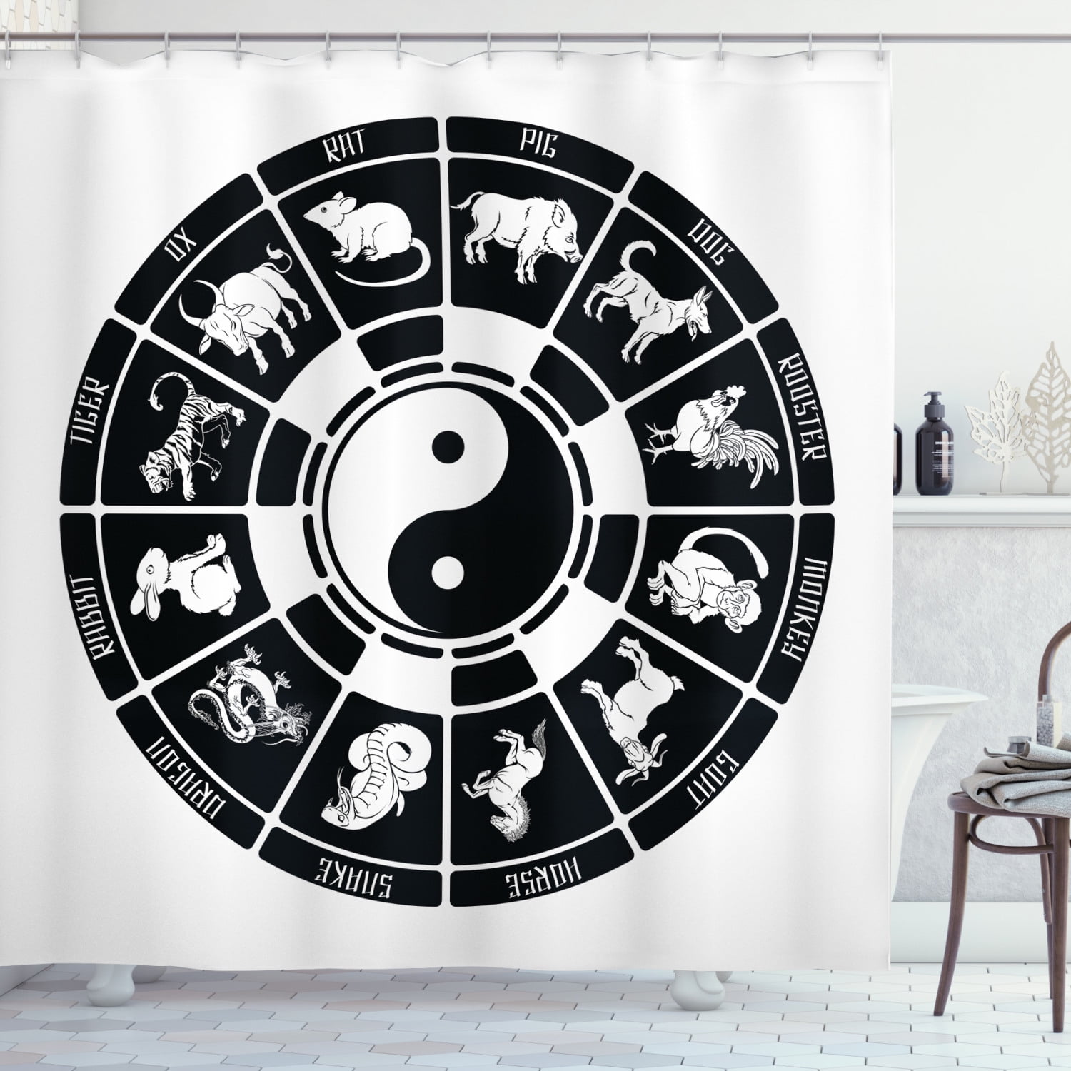 Zodiac Shower Curtain, Chinese Horoscope Wheel with Animal Figures