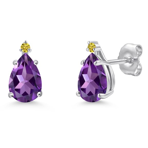 Gem Stone King 14K White Gold Purple Amethyst and Canary Lab Grown Diamond Stud Earrings for Women | 1.60 Cttw | Gemstone February Birthstone | Pear Shape 8X5MM