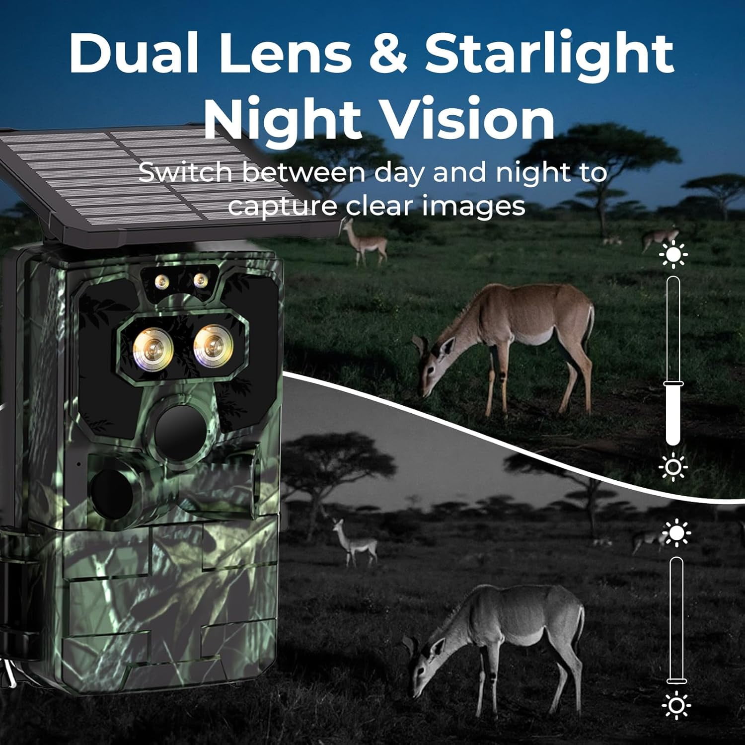 CAMPARK Solar Powered Trail Camera WiFi Bluetooth 60MP 4K UHD Dual Lens  Starlight Night Vision IMX458 Sensors 0.1s Motion Activated  IP66 Waterproof 2.4"LCD Game Hunting Camera with SD Card