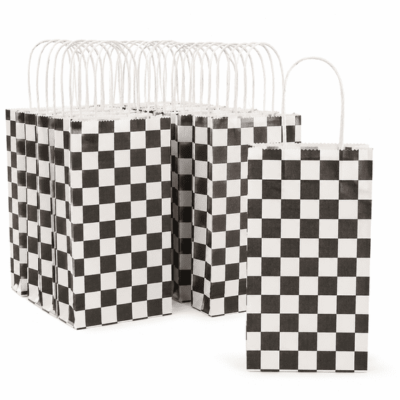 16 Pcs Checkered Racing Treat Bags with Handles,Black and White Race Car Party Favor Bags for Birthday Parties