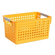 Ngheia Yellow Narrow Rectangular Storage Basket - Plastic Desktop Weave Basket with Handle, Open Storage for Bathroom, Kitchen Cabinet