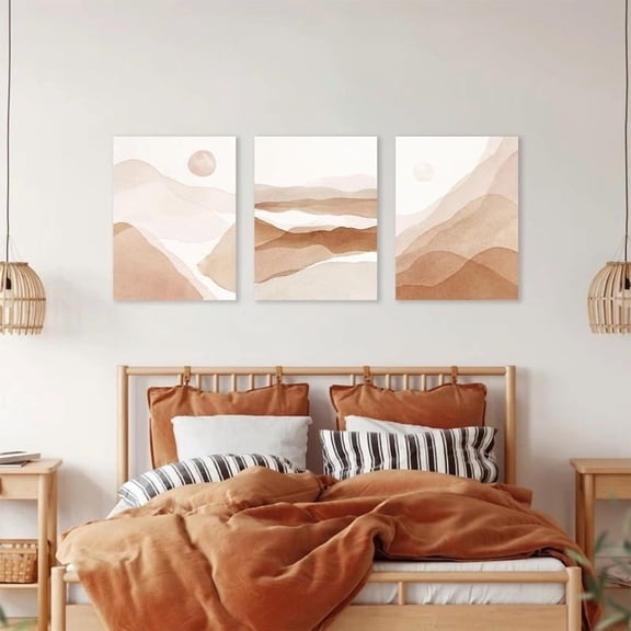 3pcs Minimalist Boho Wall Art Set - Mid-Century Modern Sun & Mountain Landscape Canvas Prints in Neutral Tones, Frameless Design for Cozy Bedroom & Living Room Decor