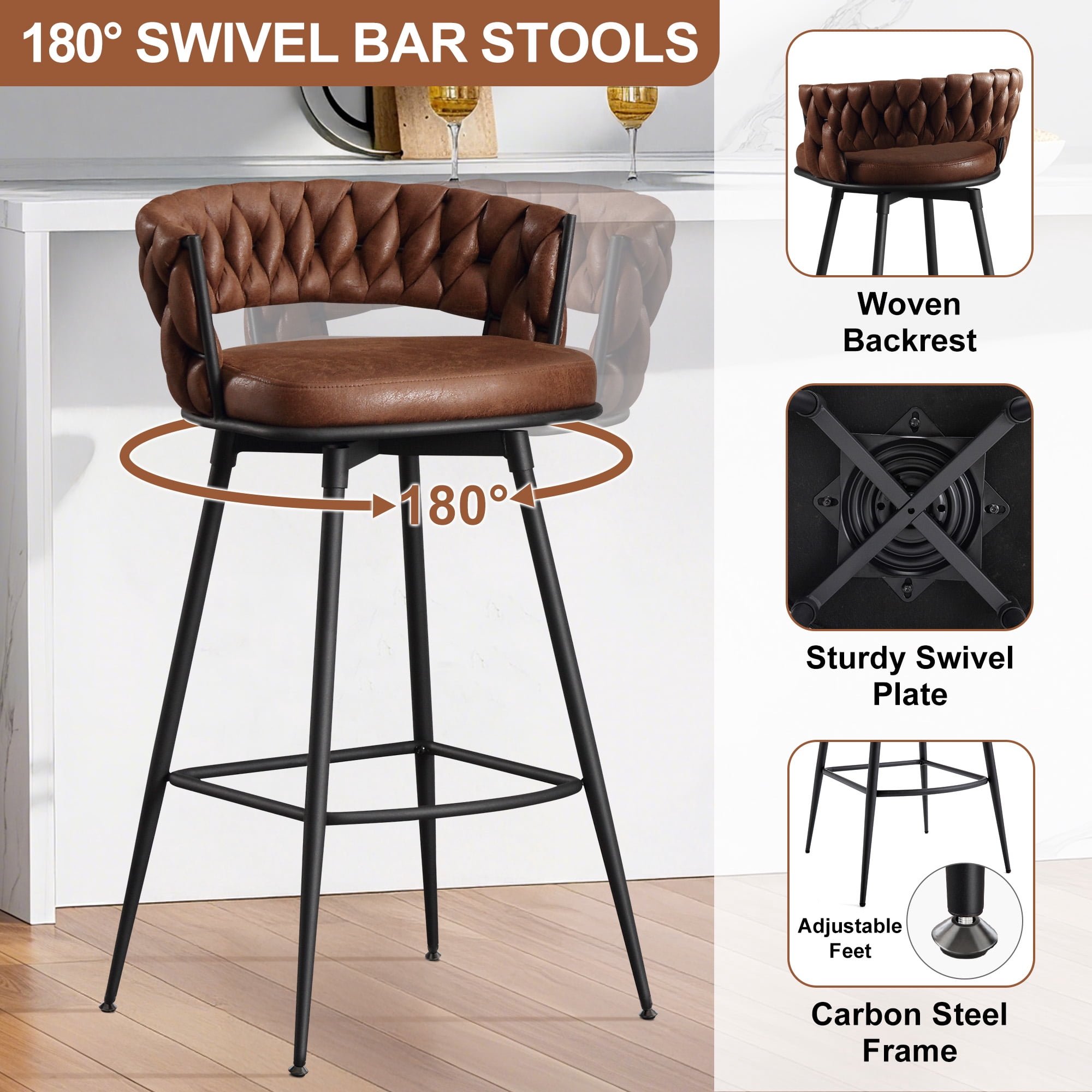 MYFUNT Bar Stools Set of 4, 30" Counter Height Stools, 180° Swivel Woven Back Barstools with Metal Footrest, Modern Bar Stools for Kitchen Island, Cafe, Pub, Brown