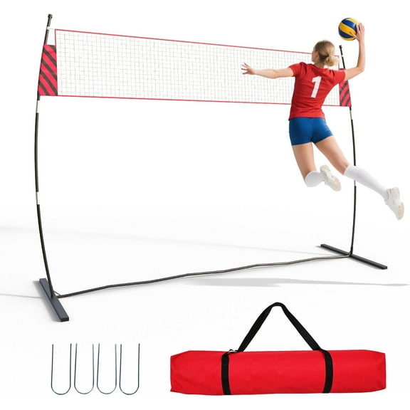 Riedhoff 12 ft Portable Volleyball Net with Stand, Height Adjustable, with Carry Bag, Red & Black