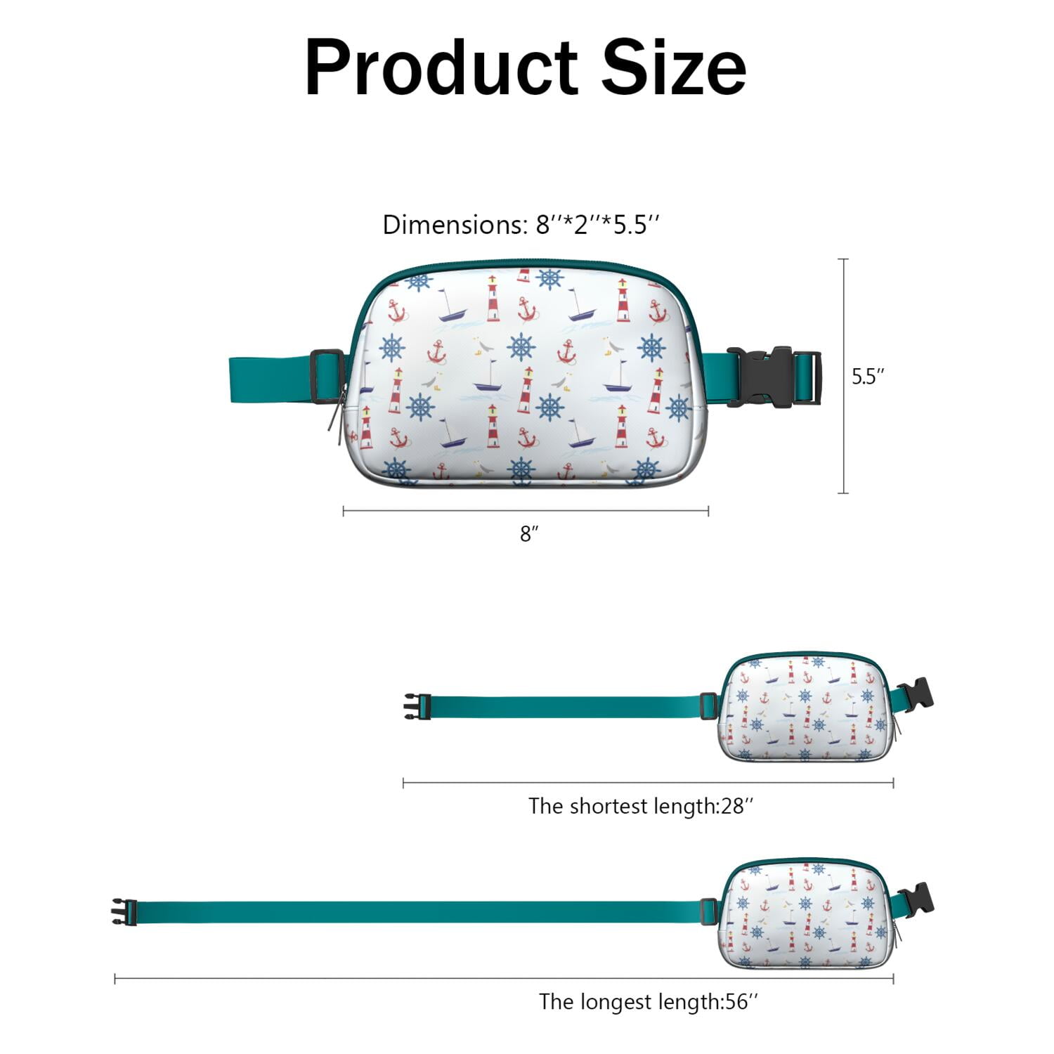 Marine Map Waist Bag – Nautical Travel Fanny Pack with Lighthouse, Anchor, Beacon & Coral Print, Great for Sailing & Coastal Getaways