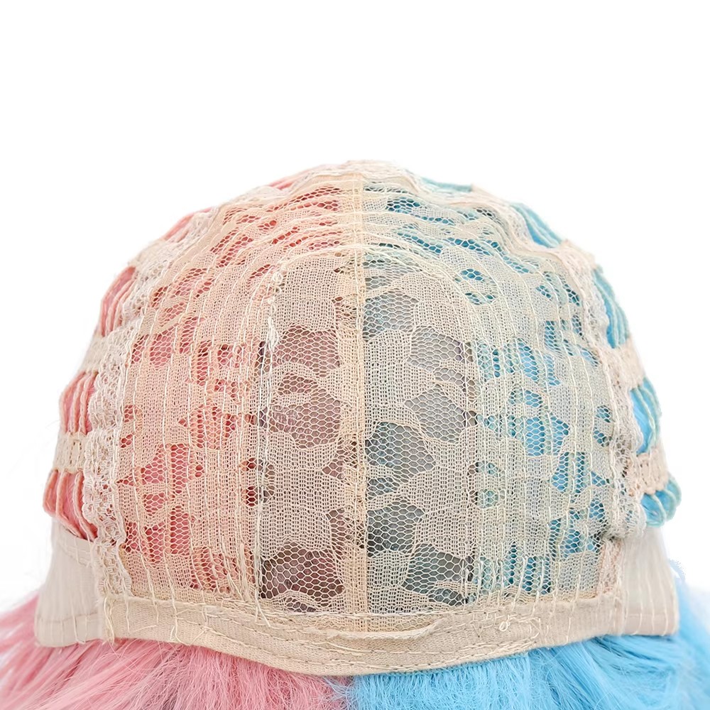 DOPI Brazilian Virgin Hair Full Lace Cap Band Human Hair Wigs For Black Women Fashion Sexy Wig Half Blue & Half Pink Synthe
