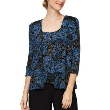 Alex Evenings Slinky Printed Jacket Top Set - BlackMarina Blue- M