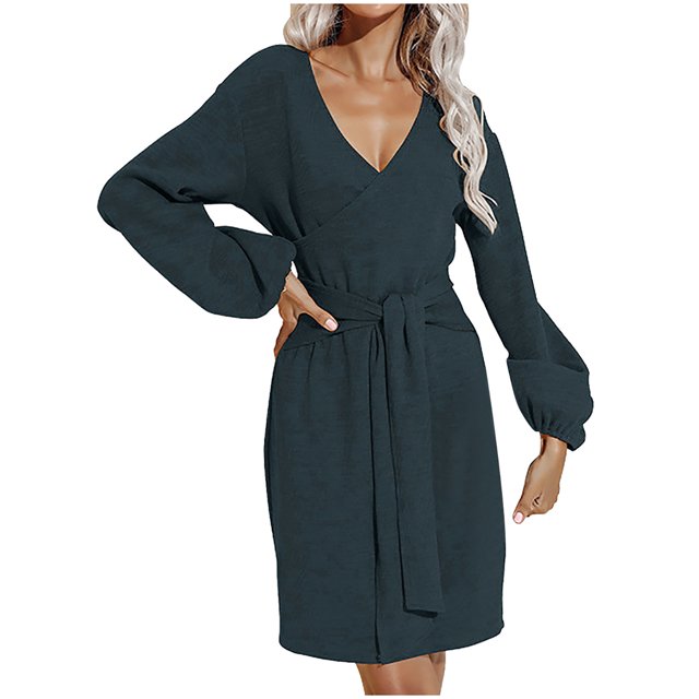 Gibobby Vestidos de sueter elegantes Vestido casual para mujer Cuello en V profundo Bolso de manga larga Cadera Ligero Delgado Color sólido(Marina,XL)