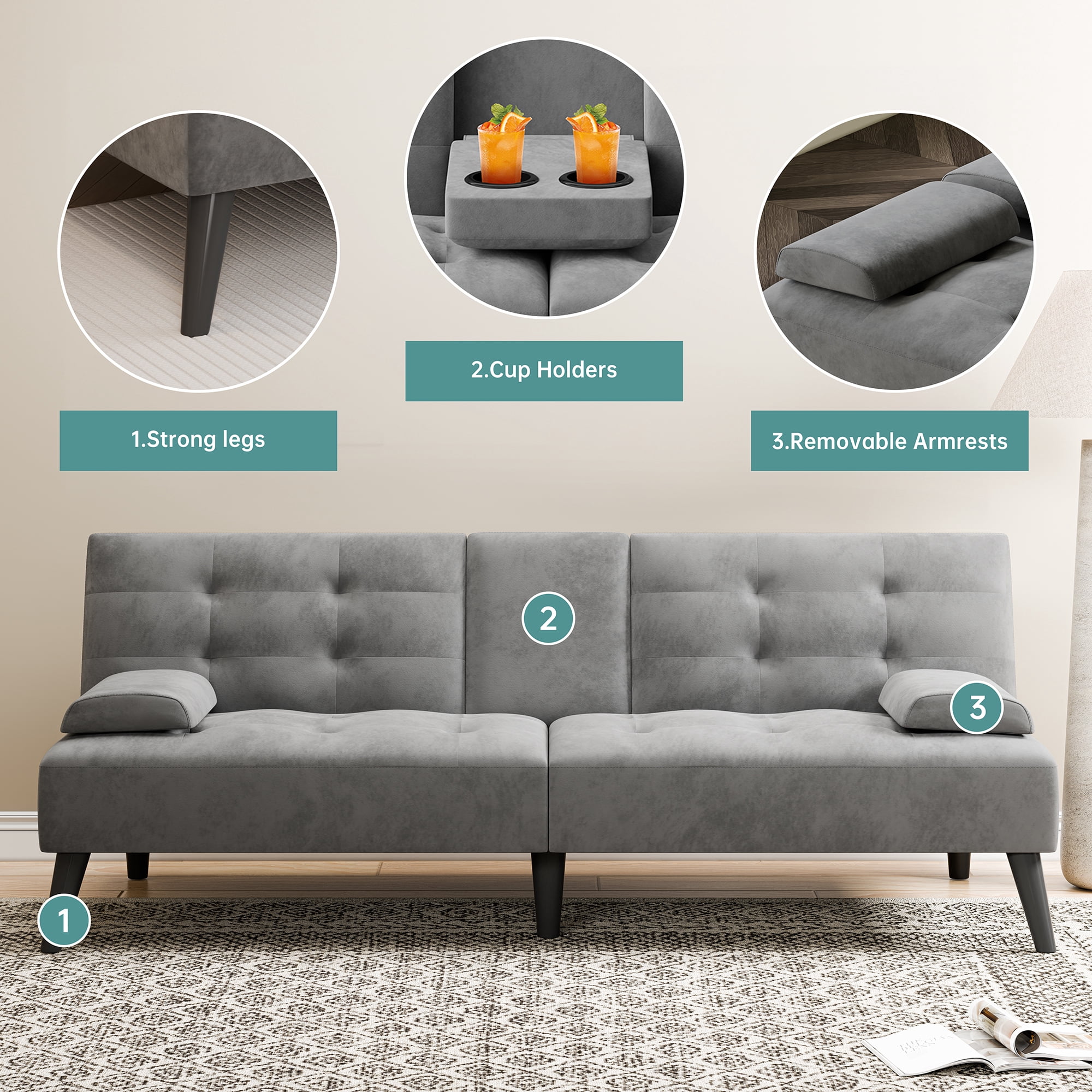 Walsunny 64" Sofa Bed Futon Couches, Folding Loveseat Recliner with 3-Angle Adjustment, Removable Arms 2 Cup Holders for Small Spaces,Gray