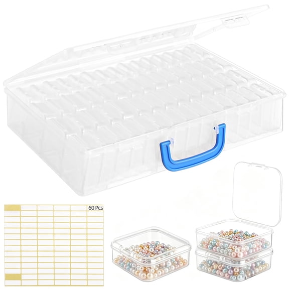 Clear Plastic Bead Organizer with handle, 60 Pcs Hinged Lid Small Bead Storage Box Set with Case, Individual Mini Containers for Diamond Art, Jewelry, Craft Supplies