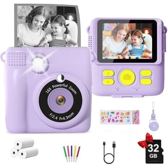 Kids Instant Print Camera - Toddler Digital Camera with 32GB Card - IPS HD Screen, 2000mAh Battery, Ultra-Fast Printing, Perfect Birthday for Girls & Boys Ages 3-16, Purple