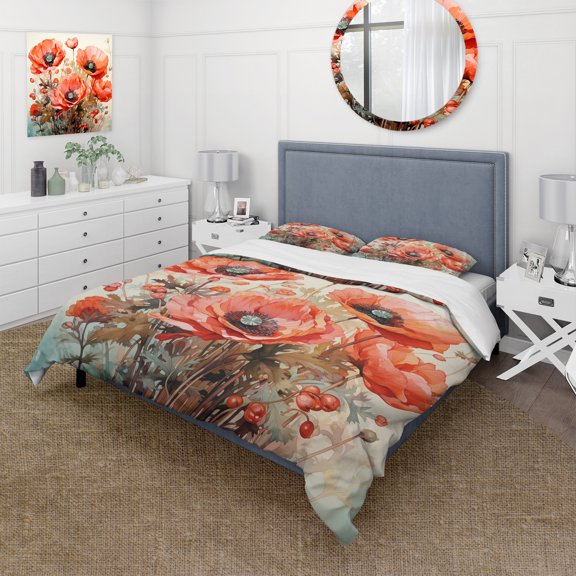Designart "Serene Meadows of Red Poppies I" Poppy Bedding Covert Set - Floral Red Traditional Bed Set With 2 Shams