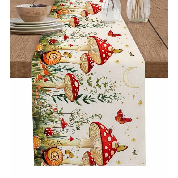 Red Mushroom Table Runner 36 Inches, Spring Floral Pastoral Butterfly Bed Runner Dresser Scarves Tabletop for Indoor Outdoor Parties/Ceremony/Banquet, 13"x 36"