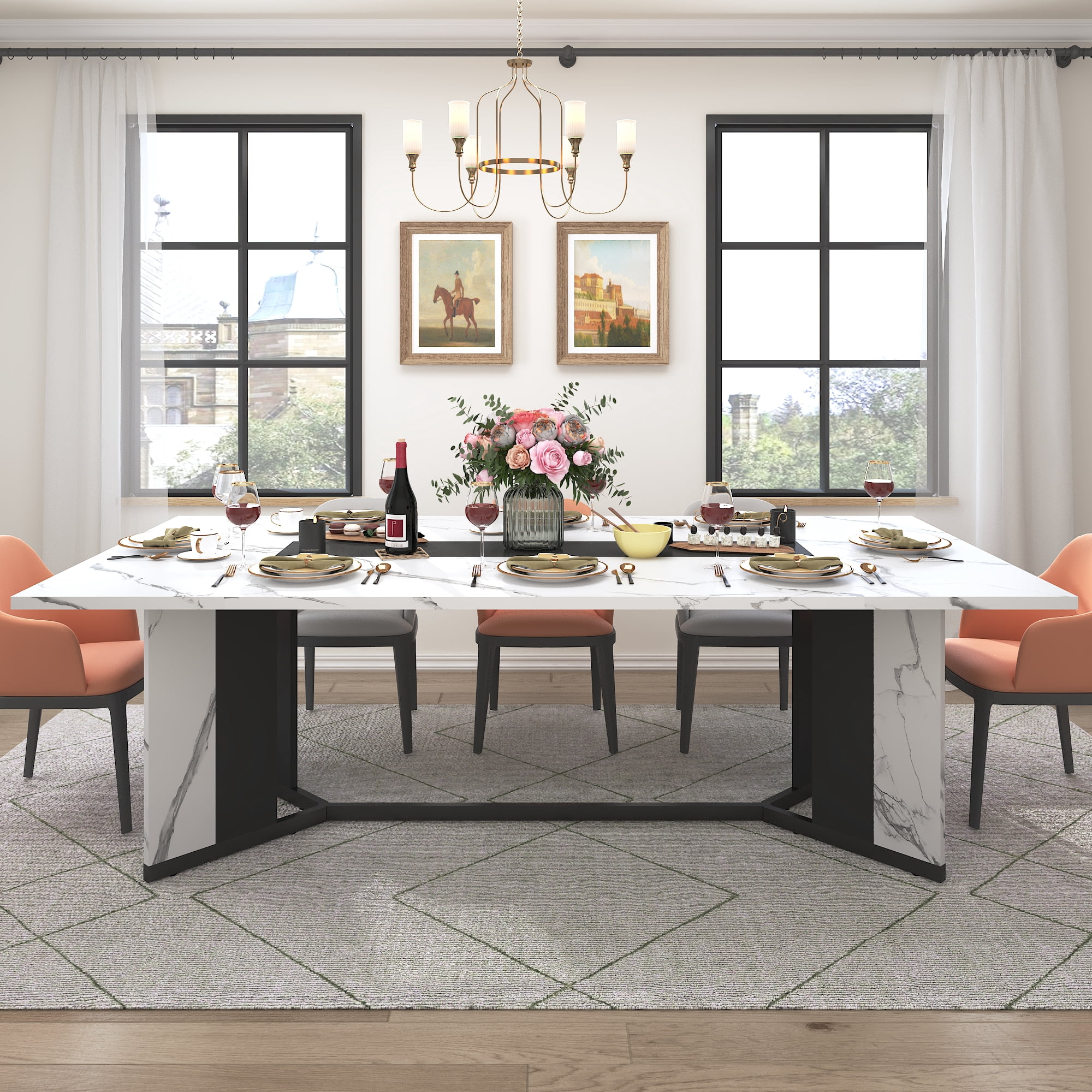 95 inch Large Rectangular Dining Table for 10-12 People, Dining Table with Marble-Color Wood Waterproof Tabletop and Adjustable Leg, 7.9ft Luxurious Family Dinner Table for Office Kitchen Living Room