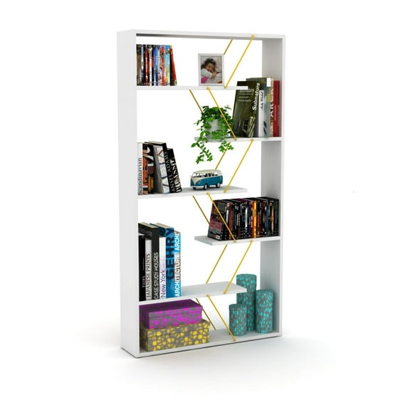 Furnish Home Store Wood Frame Etagere Open Back 6 Shelves Bookcase Industrial Style Bookshelf for Offices and Living Rooms