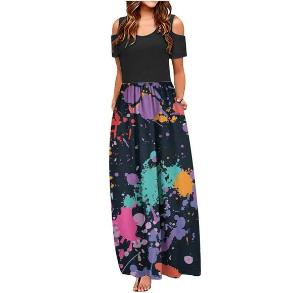Summer Casual Dresses for Tall Women Solid Color Stitching Floral Hem Short Sleeve Maxi Dress Hide Belly Long Dress
