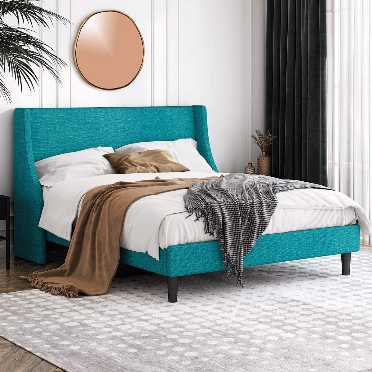 Einfach Full Size Platform Bed Frame with Fabric Headboard, Jade Green