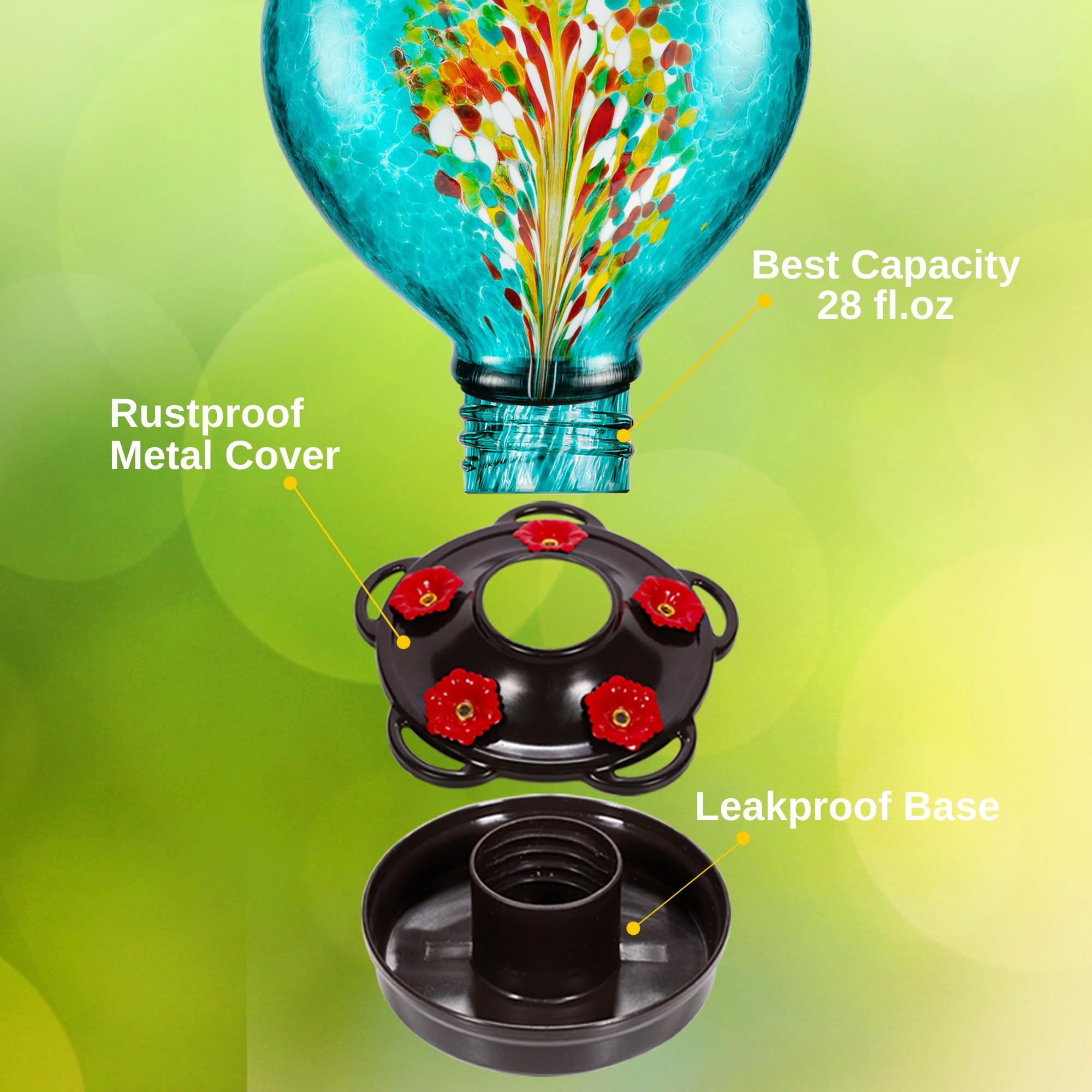 Heart Shaped Hummingbird Feeder for Outdoors Hanging, Hand Blown Glass, 28 fl.oz, Leak Proof & Rustproof, Includes Ant Moat, Stylish Garden, Outside & Backyard Decor, Gift for Bird Lovers, Purple