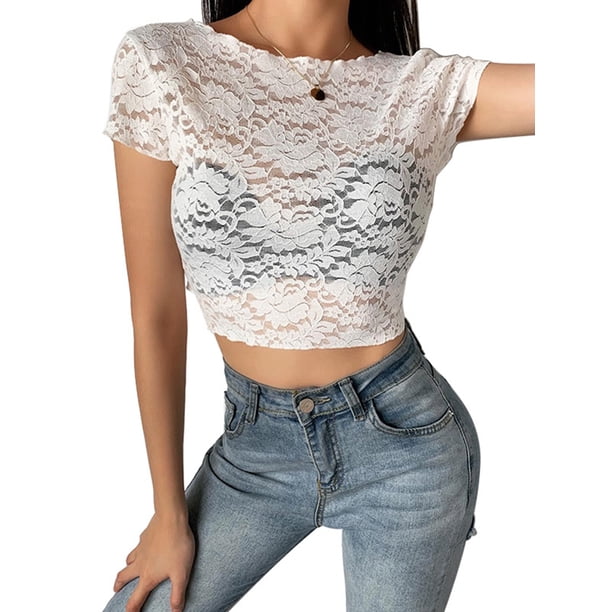 TRKIYQC - Camiseta de manga corta con encaje para mujer TRKIYQC moderno
