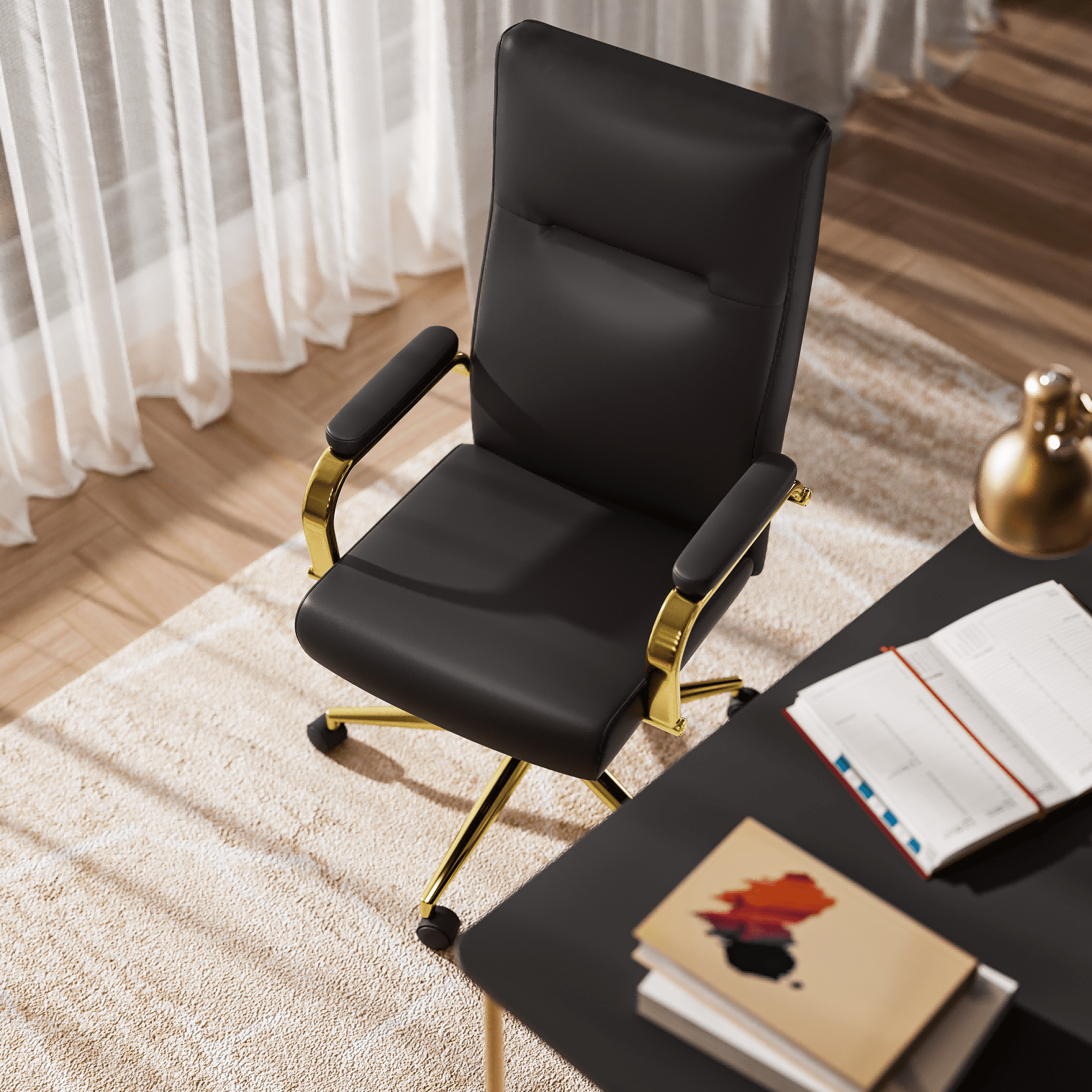 HomeZeer Black and Gold Office Chair, Swivel High Back Executive Office Chair with Wheels and Arms, Memory Foam Leather Adjustable Height Computer Desk Chairs for Home Office