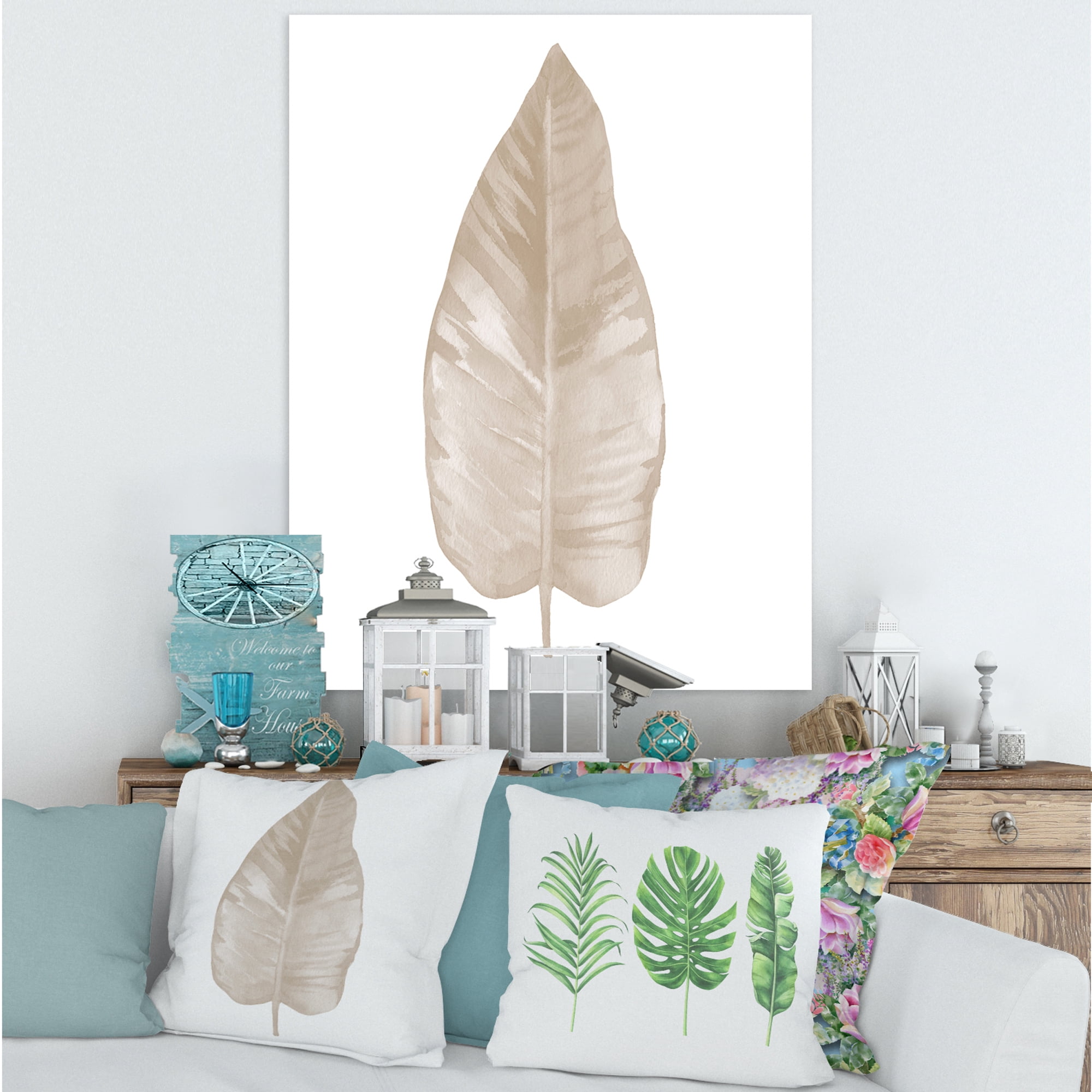 Designart ' Dried Leaf Plant Beige On White Background ' Traditional Canvas Wall Art Print