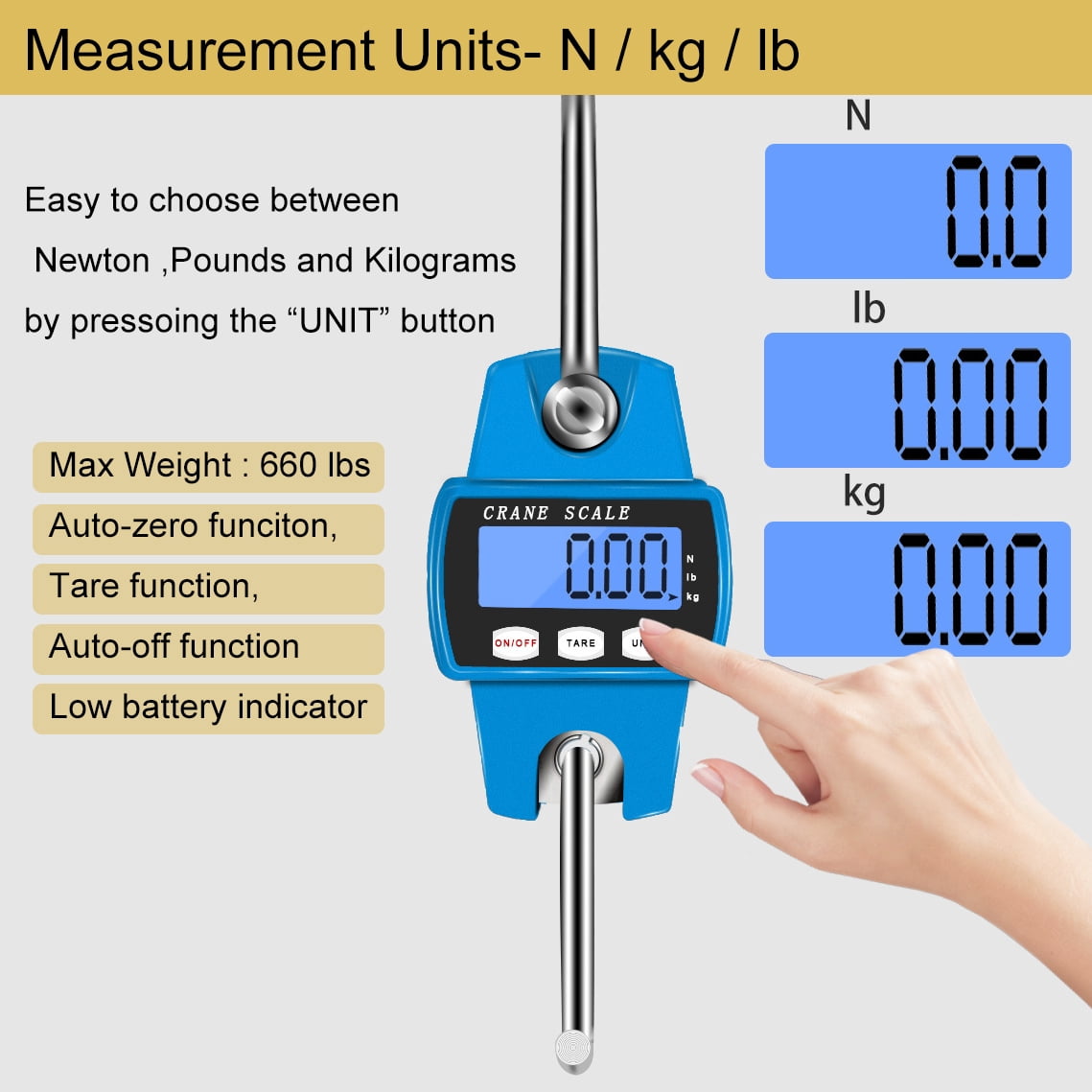 iMeshbean 660lb Digital Hanging Scale Portable Crane Scale Digital Animal Weight Big Game Scale for Farms Hunting Fishing Travelling Outdoor