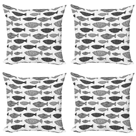 Ambesonne Fish Throw Pillow Cover 4 Pack, Sea Animals Black White, 18", Black White