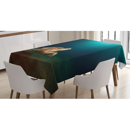 

Turtle Tablecloth Green Turtle Swimming Underwater Sunbeams Aquatic Wildlife Picture Rectangular Table Cover for Dining Room Kitchen 52 X 70 Inches Aqua Dark Blue Light Brown by Ambesonne
