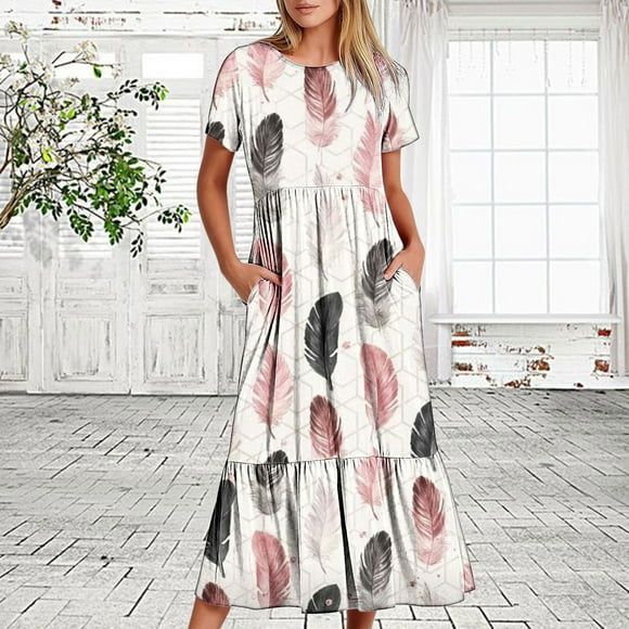 Fankiway Women'S Summer Casual Short Sleeve Crewneck Dress Casual Flowy Tiered Maxi Beach Dress with Pockets Feather Printing Dress Summer Dresses for Women Womens Dresses Plus Size Clearance