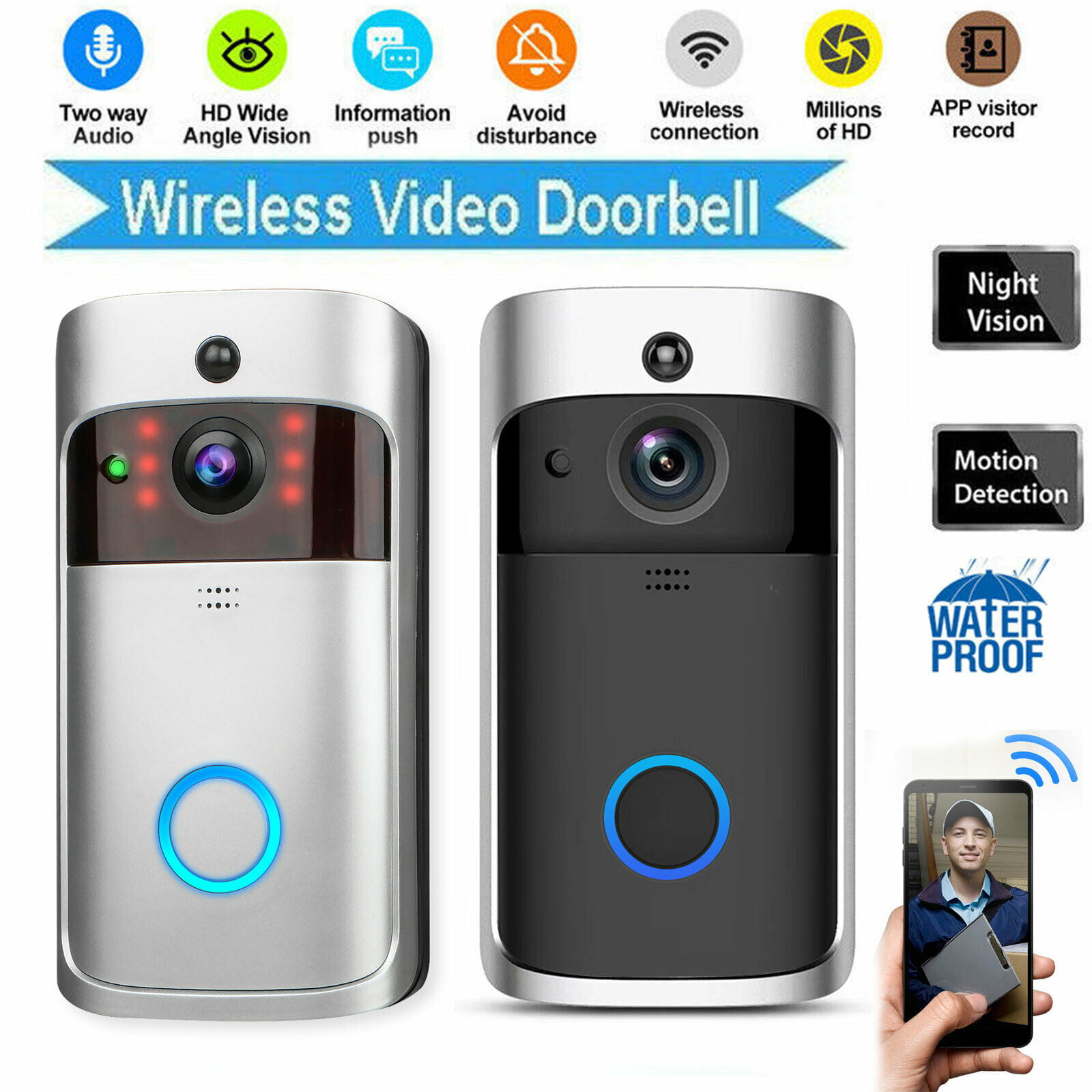 PIR Motion Detection App Control for iOS and Android Night Vision Video Doorbell GEREE WiFi Smart Wireless Doorbell 720P HD Security Home Camera Real-Time Video and Two-Way Talk 