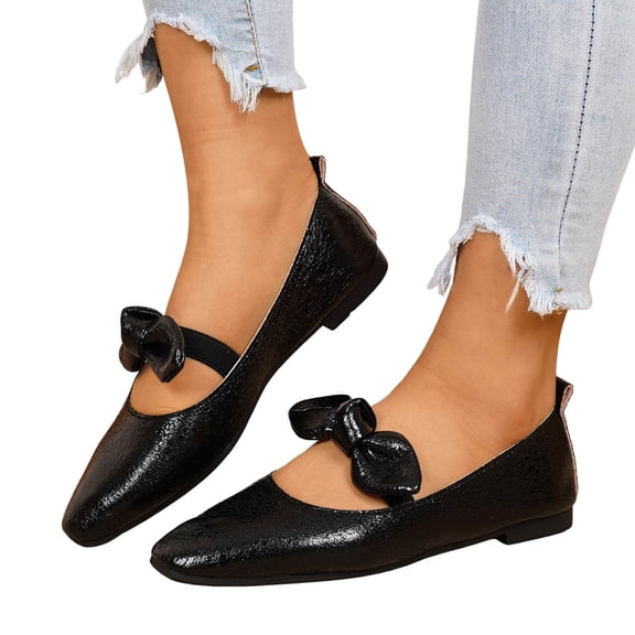 Rokment Bow Metallic Dress Shoes for Women Bride Wedding 2026 Fall Fashion Casual Leather Pointed Toe Ballet Flat Comfortable Low Heels Walking Slip on Dressy Loafers Black Size 5.5