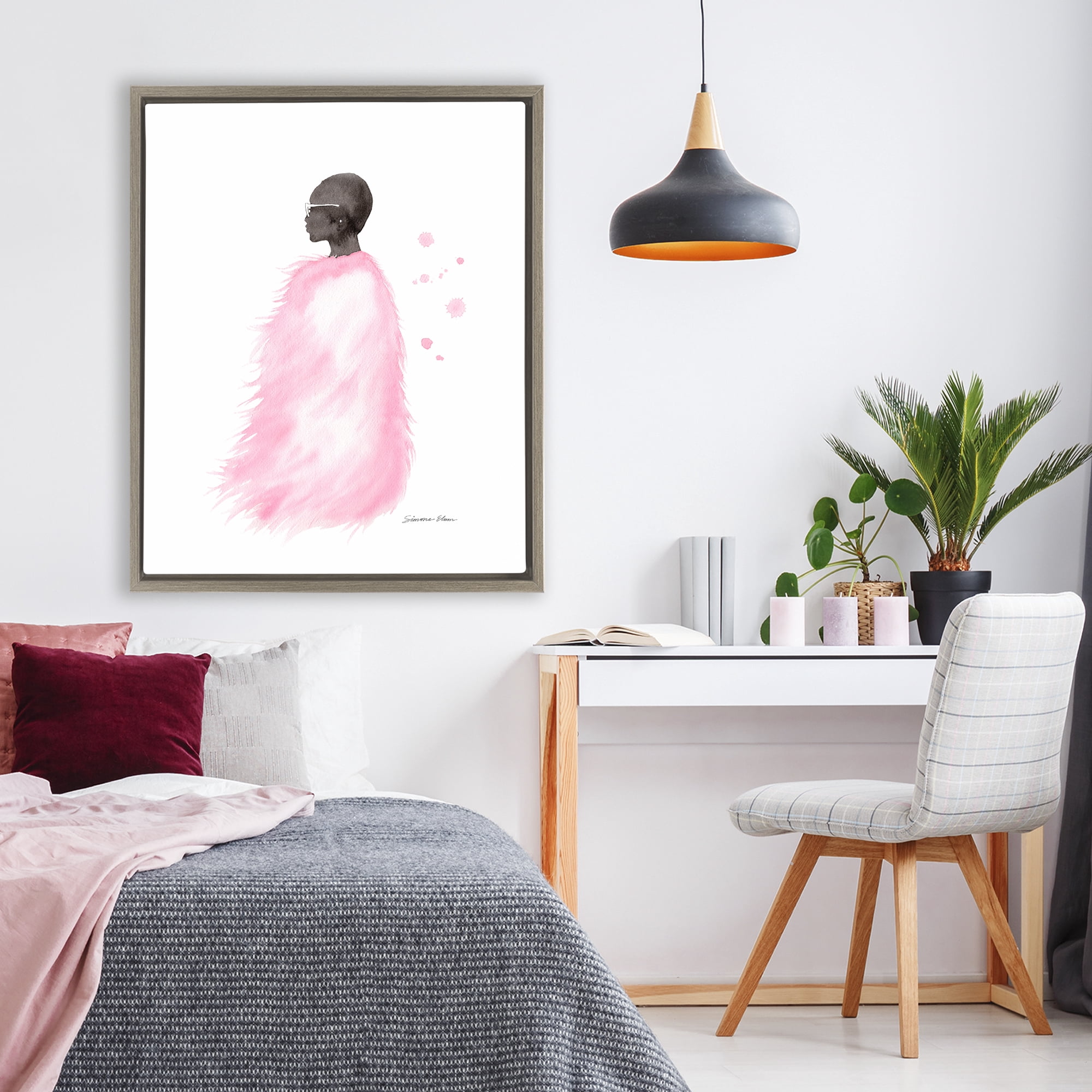 Stupell Industries Pink Fur Coat Portrait Brown Framed Floater Canvas Wall Art, design by Simone Elum