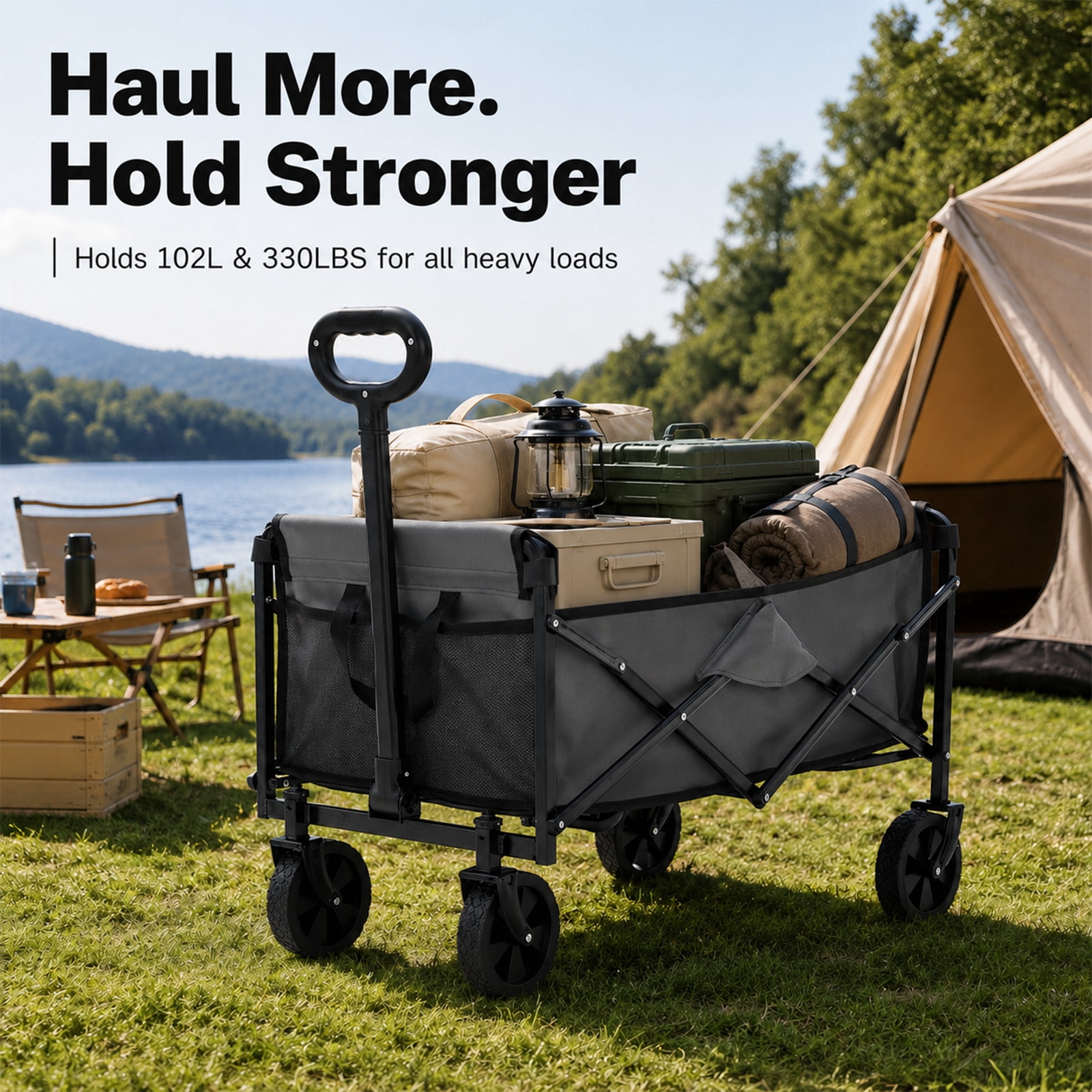 Alvantor Wagons Carts Foldable, 102L 330LBS Capacity Heavy Duty Collapsible Cart with All-Terrain Wheels for Camping Beach Shopping Garden