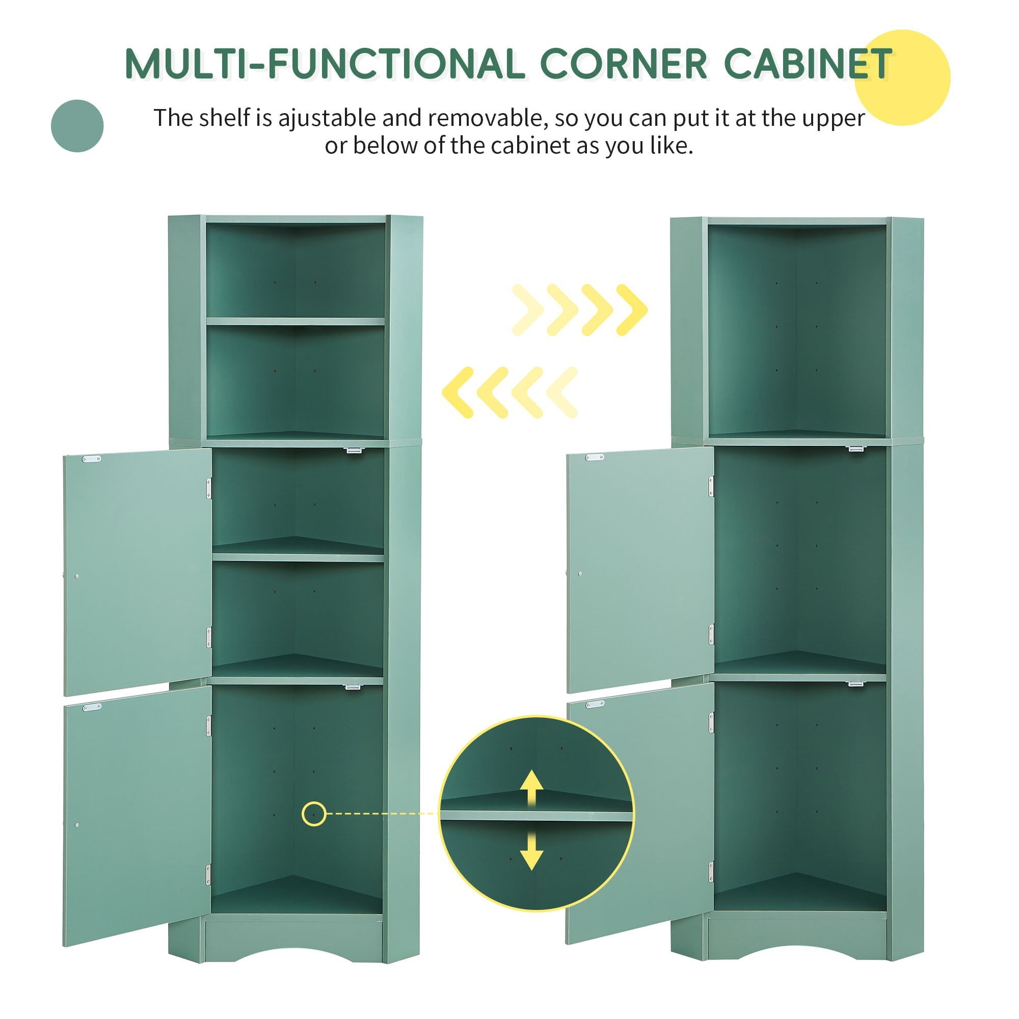 AENKYO Tall Corner Cabinet with Doors & Adjustable Shelves, Elegant Bathroom Storage Cabinet, Green