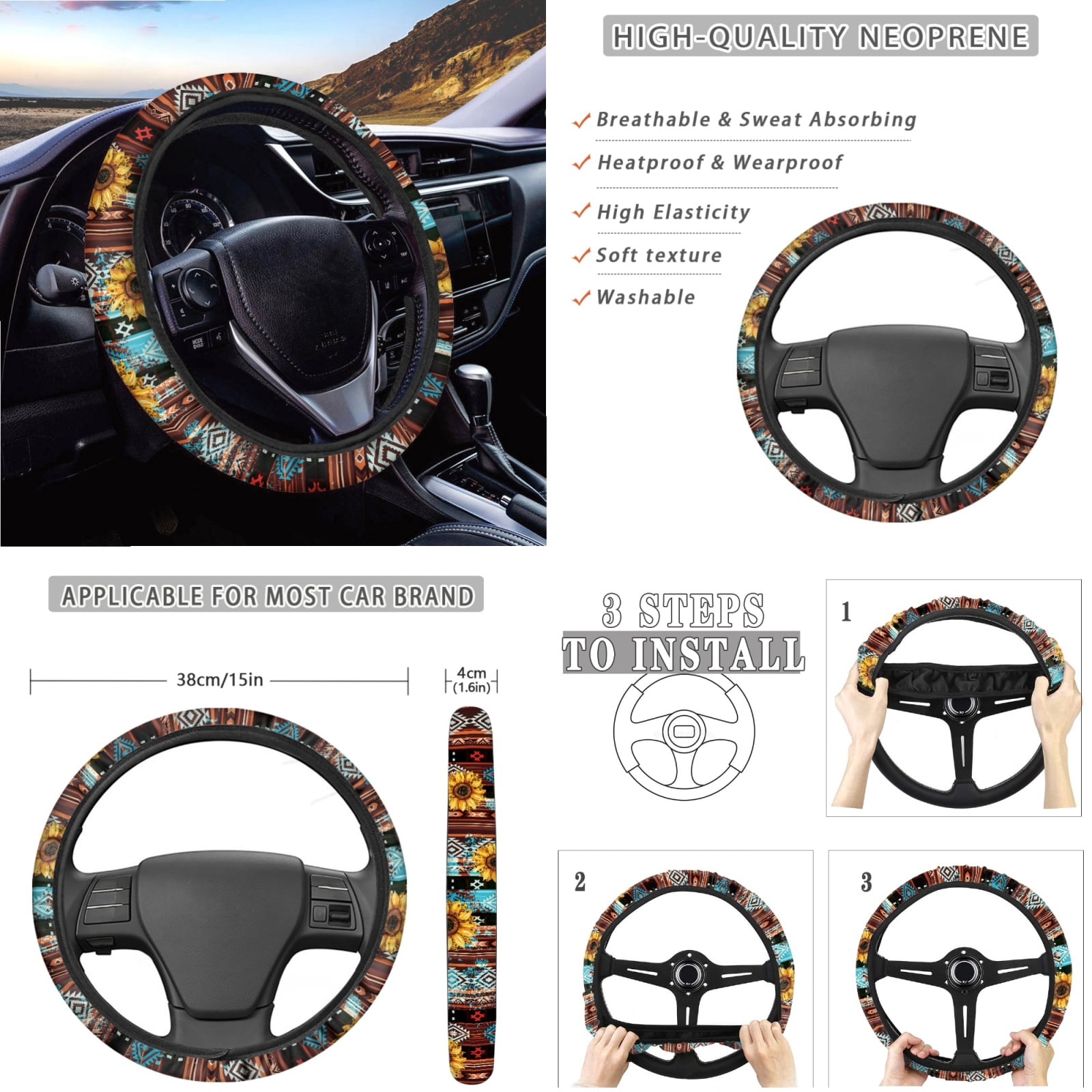 Renewold American Tribal Sunflower Car Seat Cover Full Set 14 PCS, with Steering Wheel Cover Seatbelt Pad Coasters Rubbish Bin Rear View Mirror Armrest Cover Cushion Gear Shift Knob Cover Set
