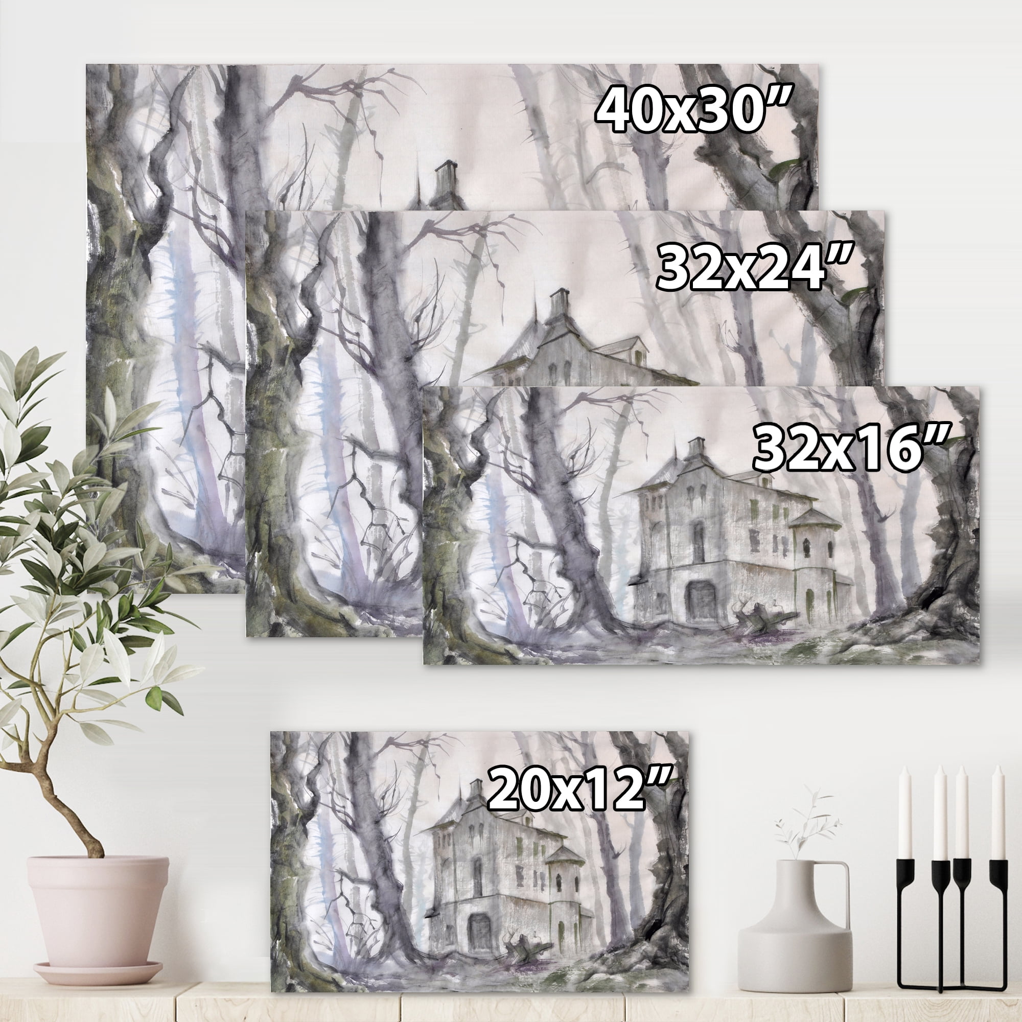 Old Haunted Castle In The Woods 40 in x 30 in Painting Canvas Art Print, by Designart