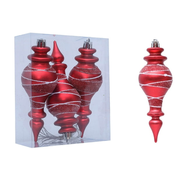 Aodebiao 3pc Red Shiny Finial Ornament-Shatterproof Plastic and UV Resistant Material-Ready to Hang-Reliable and Durable - Unique Christmas Tree Ornament Christmas Event Decoration Accessory Pendant