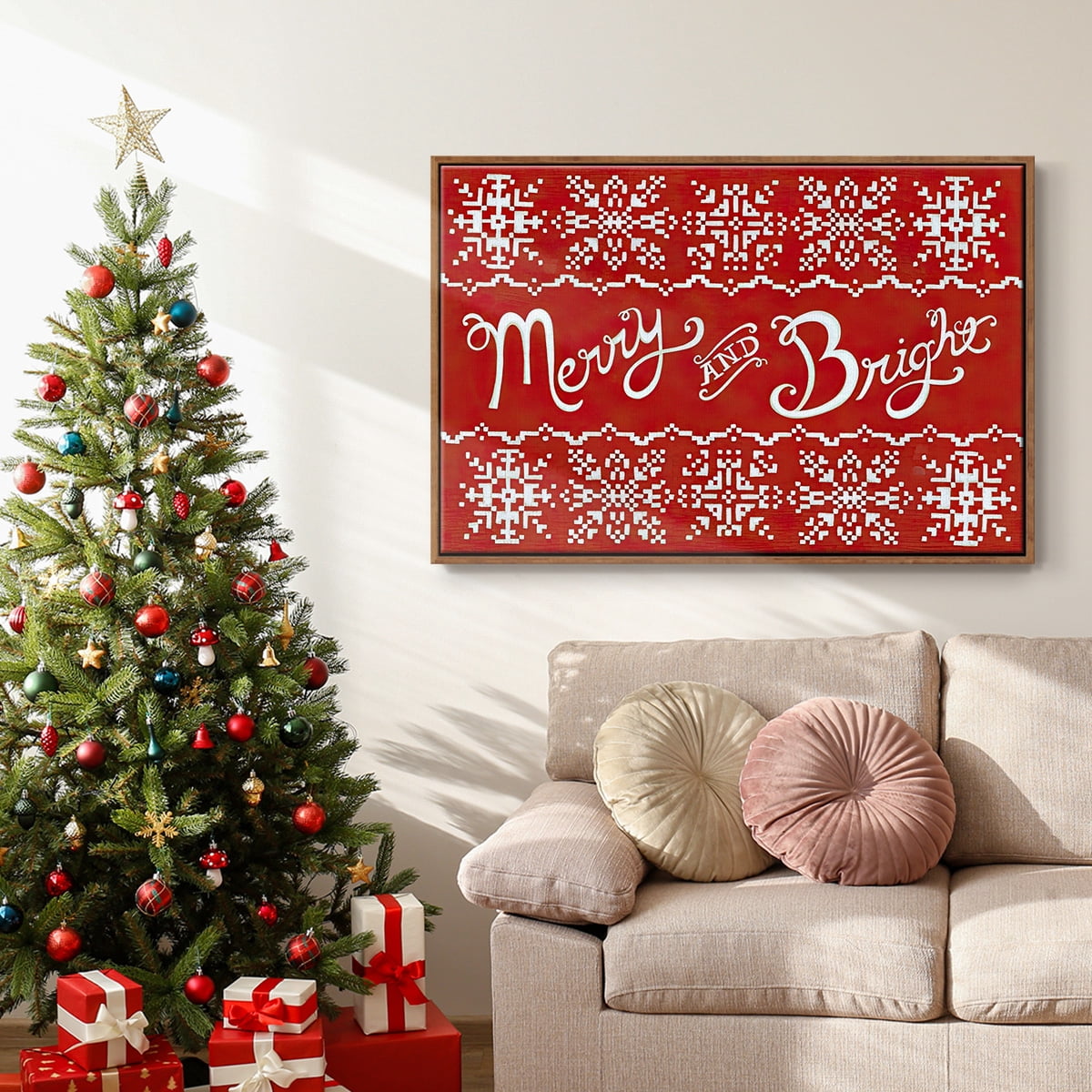 Fair Isle Snowflake I - Framed Gallery Wrapped Holiday Canvas - 17 x 25 - Rosewood Frame