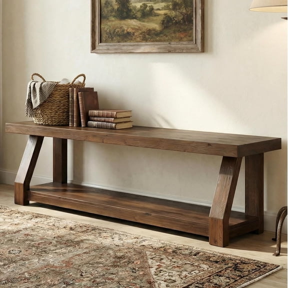 Tribesigns 2-Tier Solid Wood Entryway Bench, 63-Inch Shoe Bench with Storage, Narrow Long End of Bed Bench for Bedroom, Easy Assembly, Rustic Dark Brown