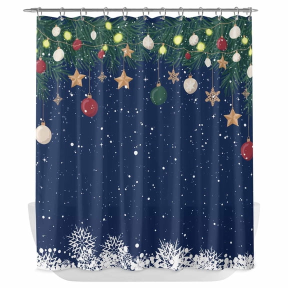 Xipuska Blue Christmas Shower Curtain - Water Repellent Fabric Shower Curtains Washable, Xmas Winter Pine Balls Snowflakes Decorative Polyester Cloth Bathroom Curtains Modern Bath Decor 72"x78"
