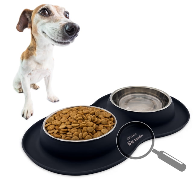 Platos de Acero inoxidable KE WOOW Doble Plato chico 200 ml con Tapete de silicon