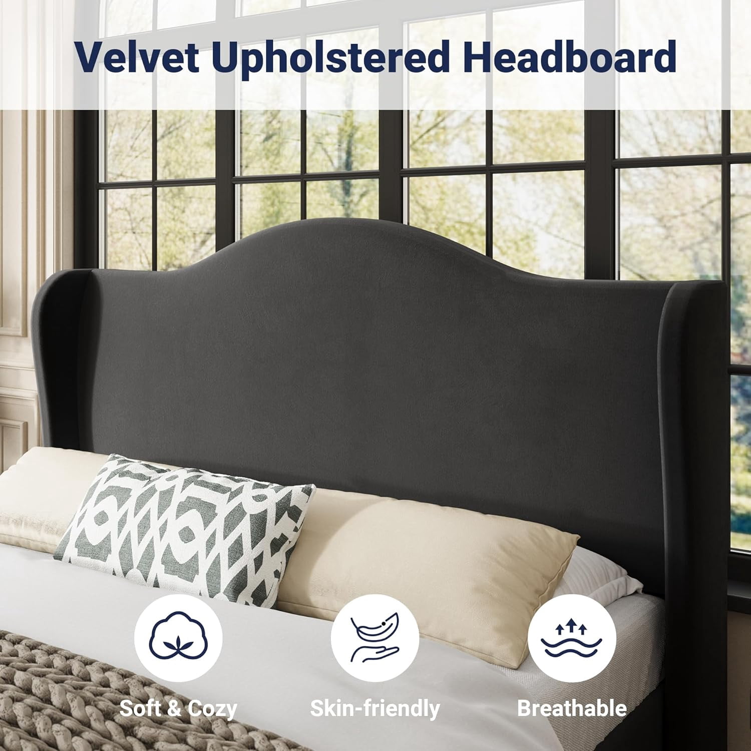 Allewie Queen Size Bed Frame, Upholstered Wingback Platform with 47" Tall Tufted Headboard, Plush Velvet Fabric, Modern Minimalist Design, No Box Spring Required, Tool-Free Assembly, Black