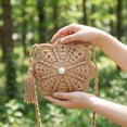 thumbnail image 5 of Btomtd Crochet Flower Crossbody Bags for Women, Small Handmade Shoulder Bag with Pearl Tassel, Travel Purse, Khaki, 5 of 7