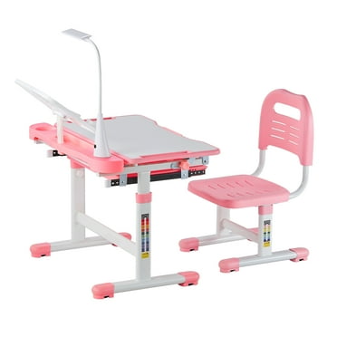 KFFKFF Children's Learning Chair and Desk Combo, Kids' Desk and Chair Featuring Table Light, Height Flexibility & 0-40° Desktop Incline, Child's Educational Table for Bedroom & Learning Space, Pink
